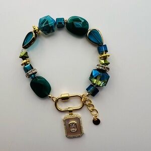 Turquoise & Green Stone/Bead Gold Tone Bracelet with Opal Charm